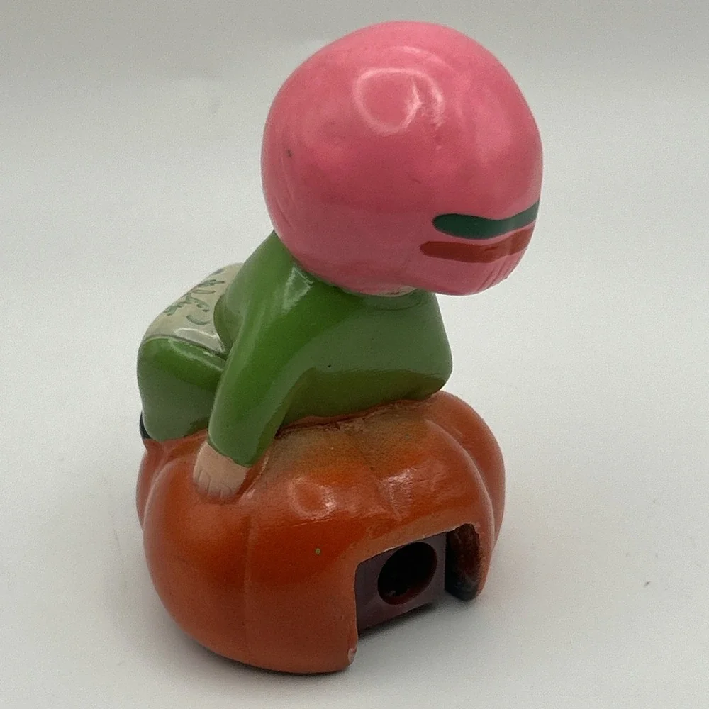 Vintage Ceramic Figurine Pencil Sharpener Asian Child on Pumpkin 1950s–70s Japan